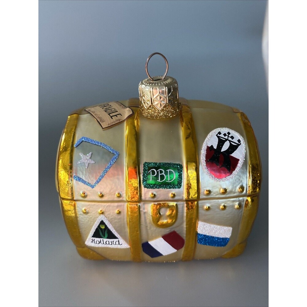 Patricia Breen Bon Voyage Trunk Gold Christmas Ornament Travel Sticker Vintage